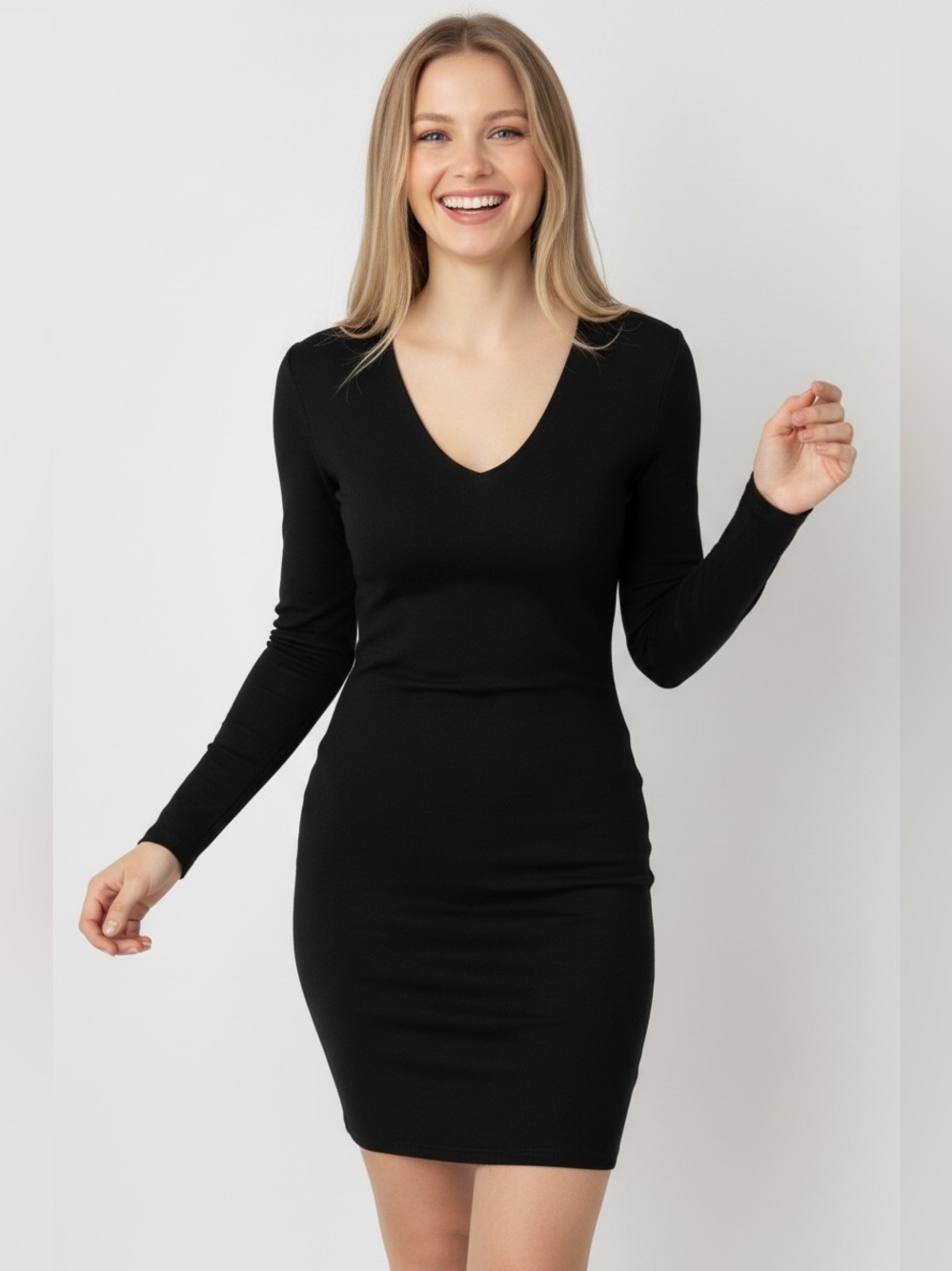 NWT H&M Black Long Sleeve V-Neck Bodycon Mini Dress Size L